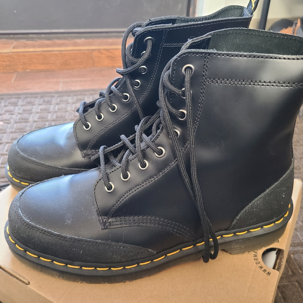 Dr. Marten's Black Lace-Up Combat Boots with Yellow Stitching